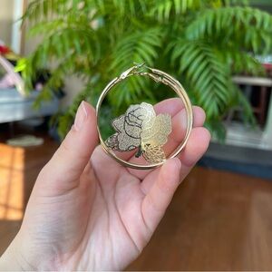 Gold Metal Rose Hoop Earrings